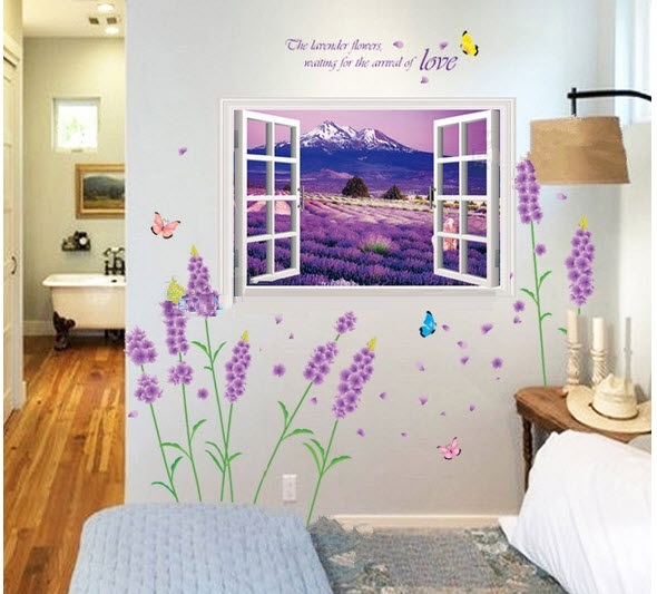 Decal dán tường Combo Cửa sổ vườn hoa tím hoa lavender 2